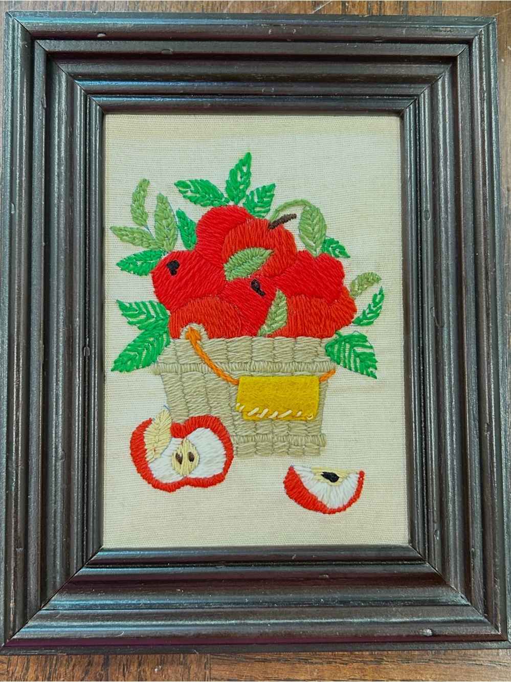 Vintage Framed Apple Basket Crewel Embroidery Needlework Wall Art